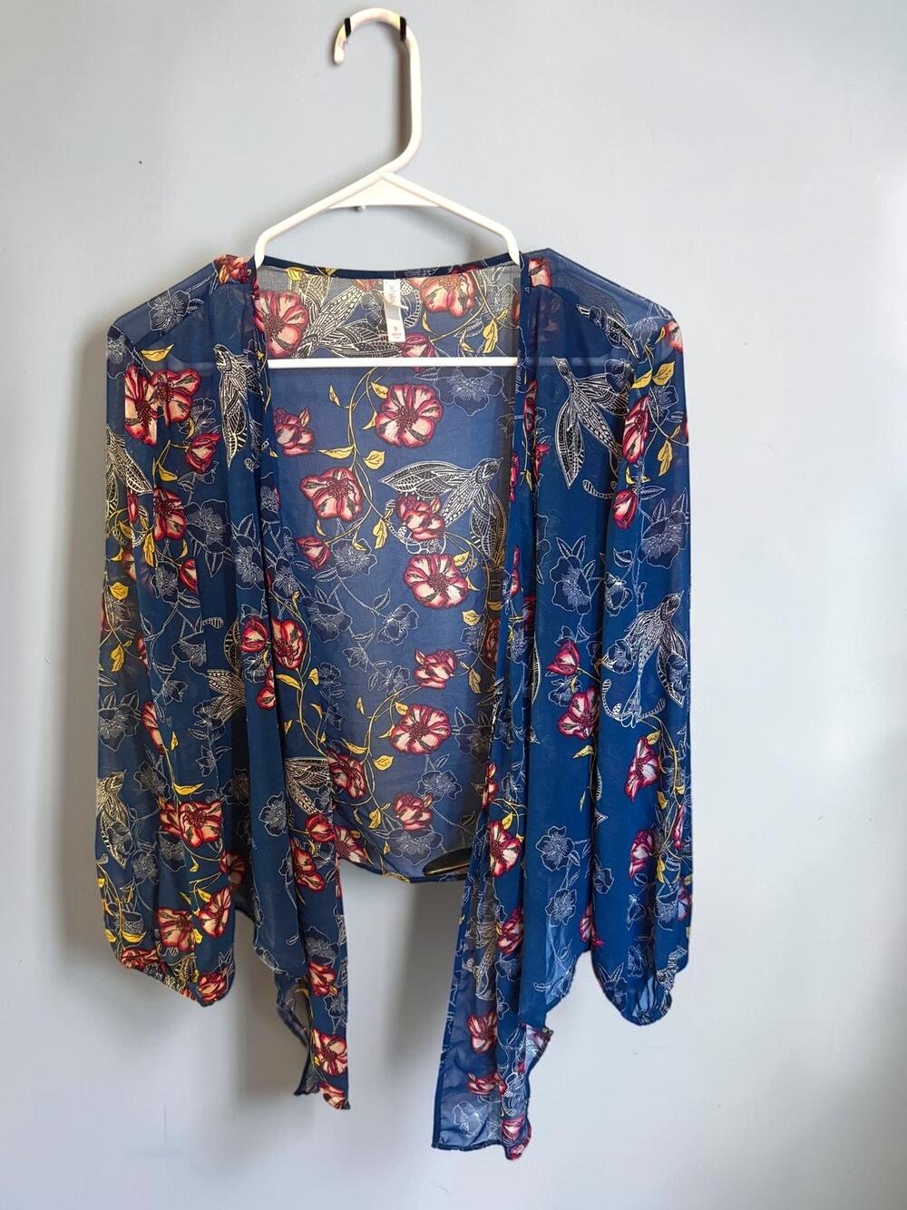 Sheer Floral Tie Front Crop Blouse Blue Balloon Sleeve Sz S Festival Coverup